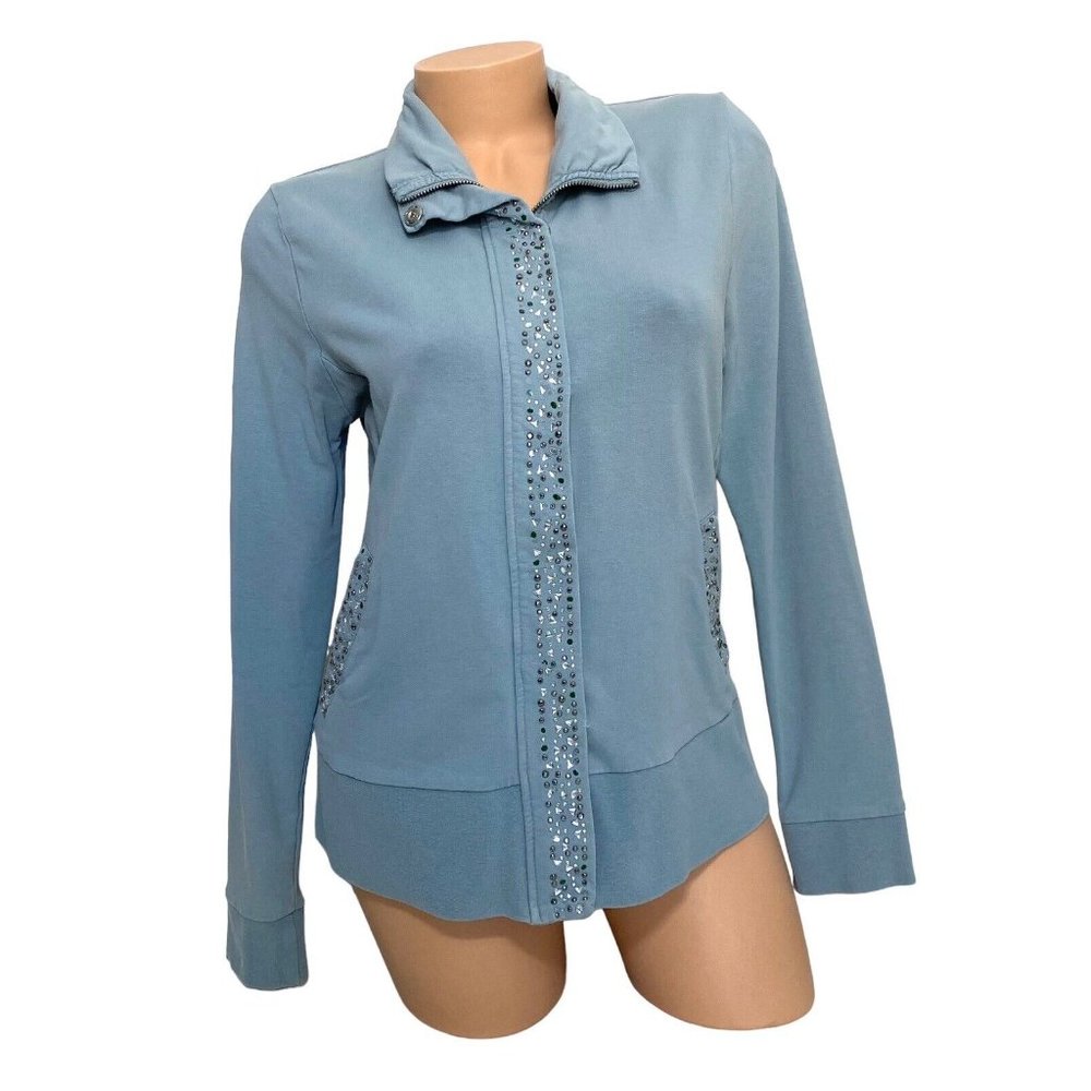 BCBG MaxAzria Women's LARGE Beaded Stone Hoodie‎ Sweatshirt Full Zip Collared